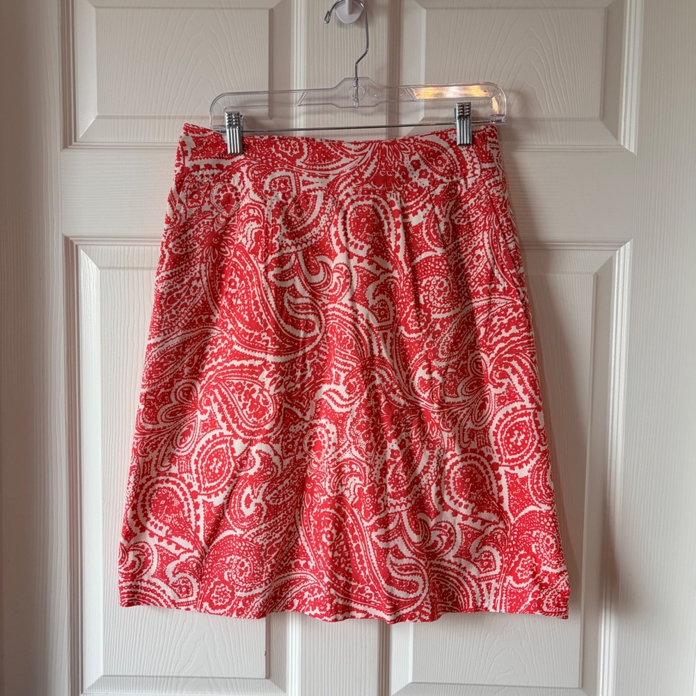 Lands End Coral White Paisley Cotton A-Line Skirt with Pockets Size 2